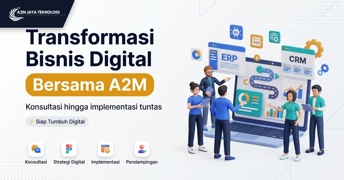 Ilustrasi tim A2M Jaya Teknologi membantu perusahaan dalam perjalanan transformasi digital bisnis, dari perencanaan hingga implementasi solusi enterprise.