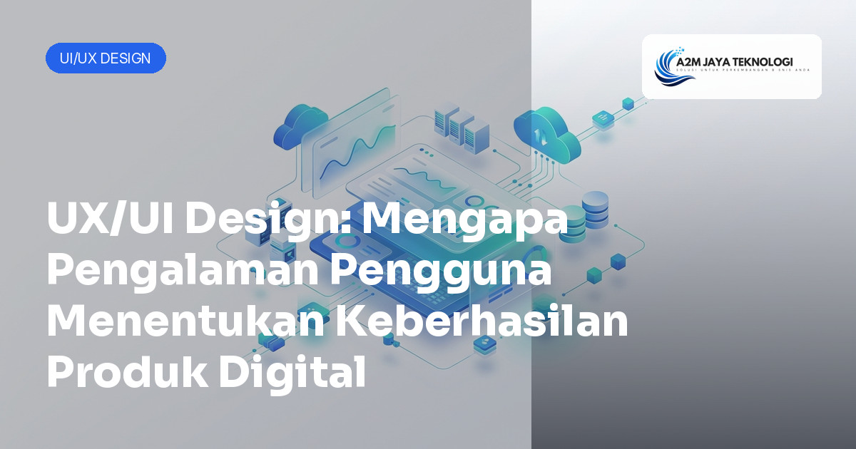 Ilustrasi tim desainer UX/UI berkolaborasi menciptakan pengalaman pengguna yang mulus untuk produk digital A2M Jaya Teknologi